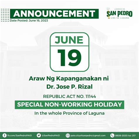 holiday today in laguna|Republic Act No. 11144: Hunyo 19 Special Non.